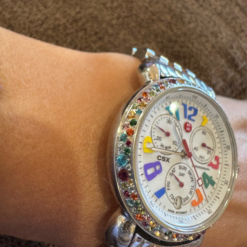 Michele CSX Chronograph Watch Multicolor Gemstone Bezel 1.50 CT Swiss Two-Tone - Picture 15 of 16